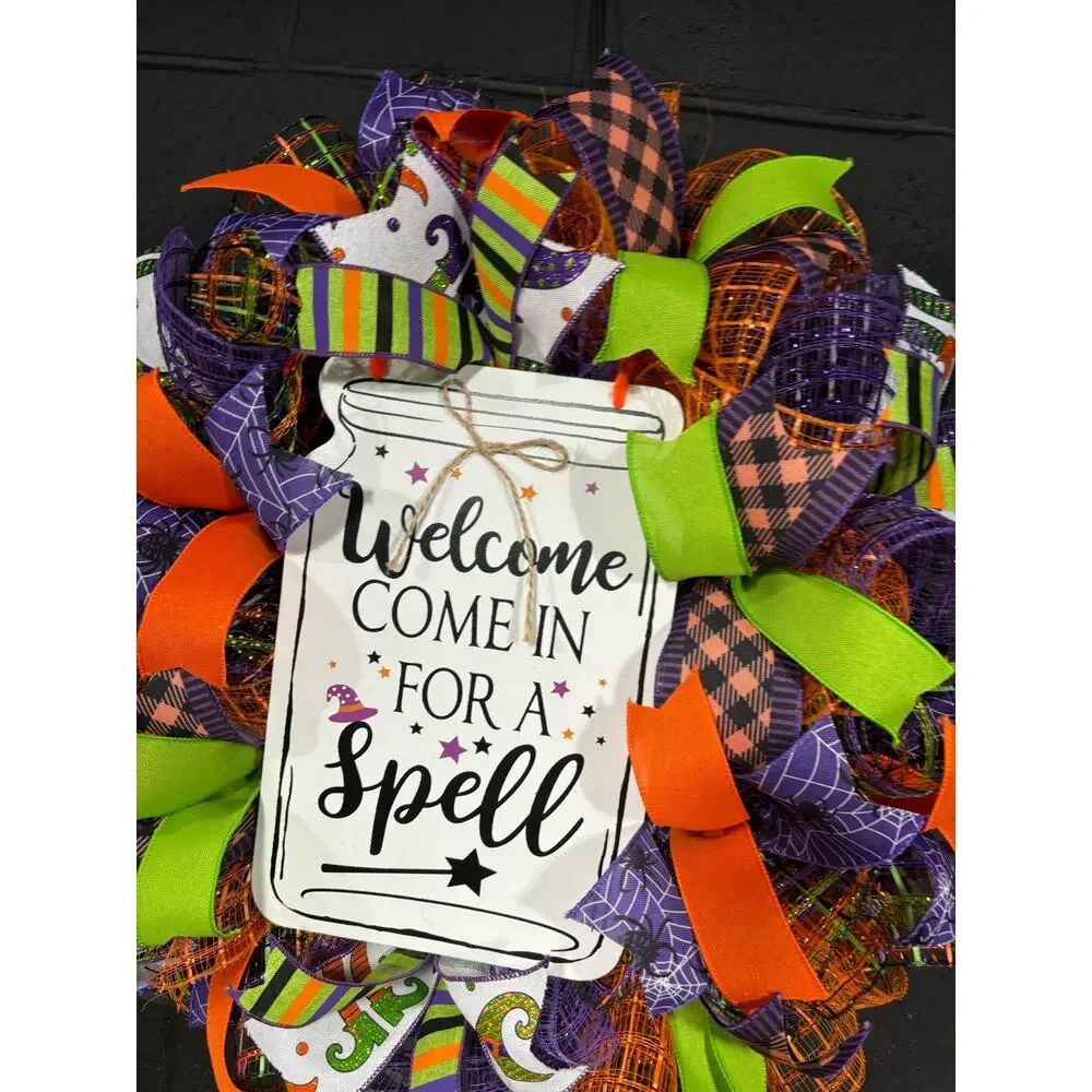 Halloween Witch Wreath Orange Purple Green Deco Mesh Handmade 24 Inch